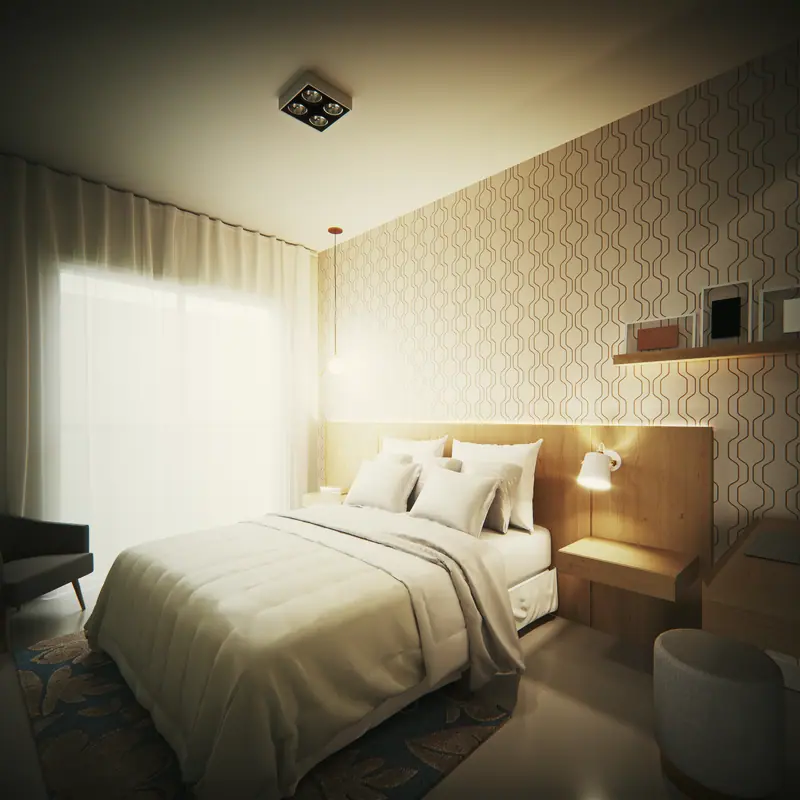 Suíte com cama de casal e cortina de linho